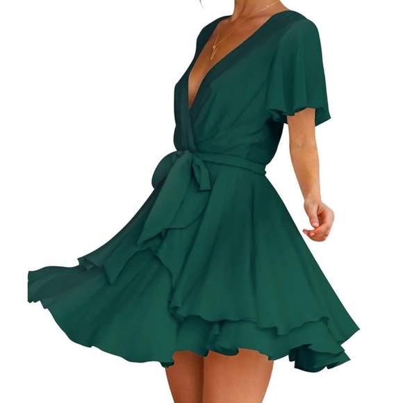 Bonkwa Tiered Ruffle Hem Tie Waist Wrap V Neck Flutter Sleeve Dress Dark Green - Picture 2 of 10